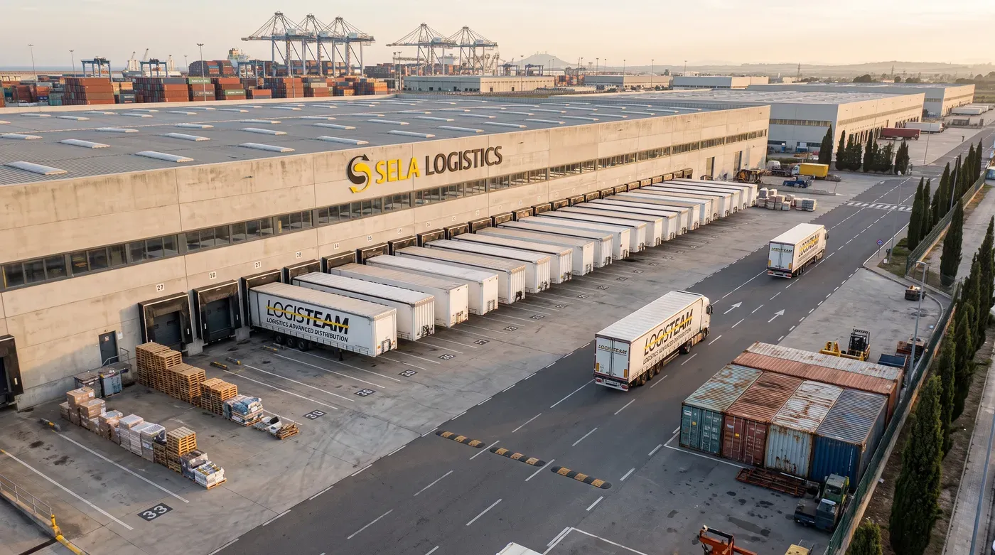 An aerial view of a Sela Logistics centre, its loading docks and trailers